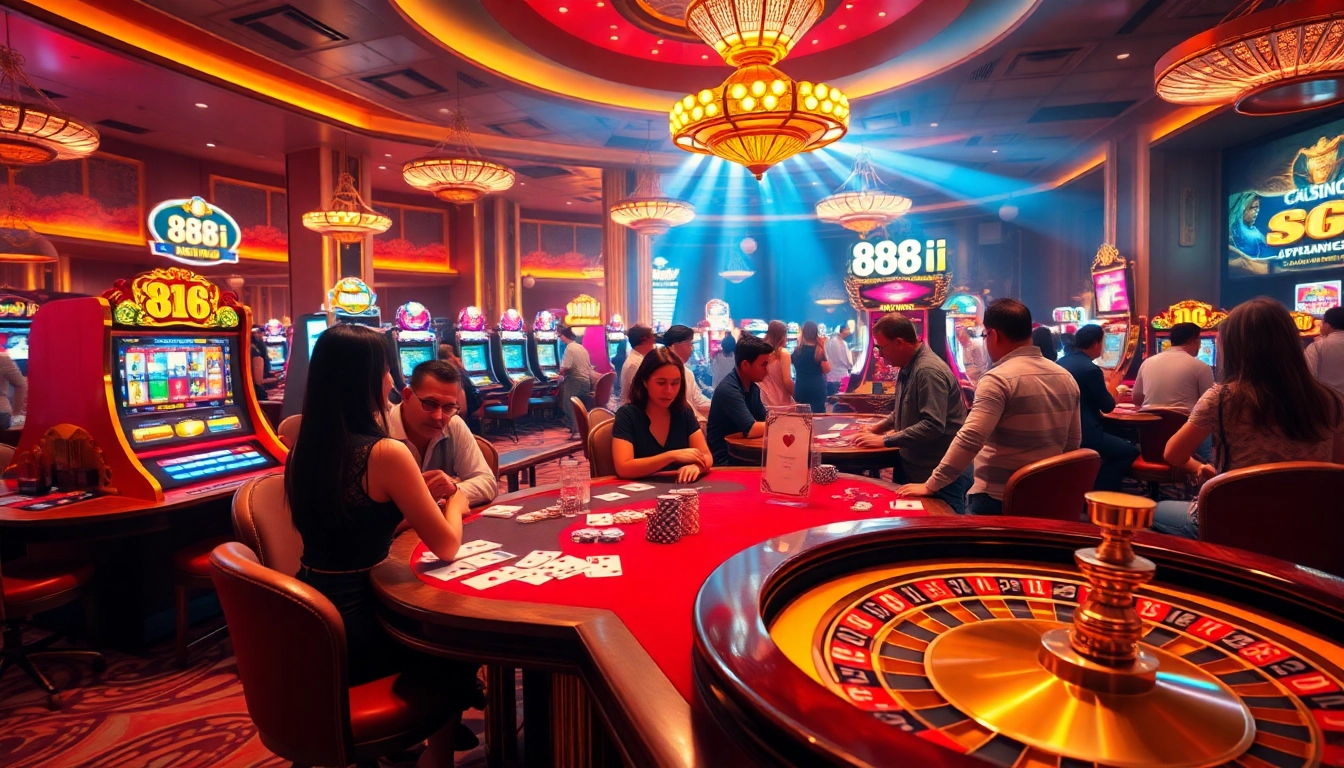 Exciting casino scene with players celebrating wins and engaging with 88i-themed gaming elements.