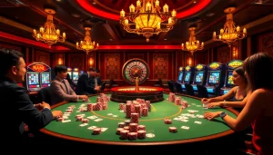 Game Kp88 poker players engaging at a vibrant casino table filled with excitement and luxury.