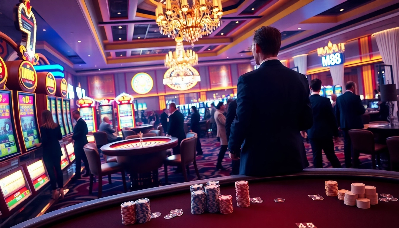 Players enjoying games at MM 88's lively casino, showcasing poker, roulette, and slot machines.