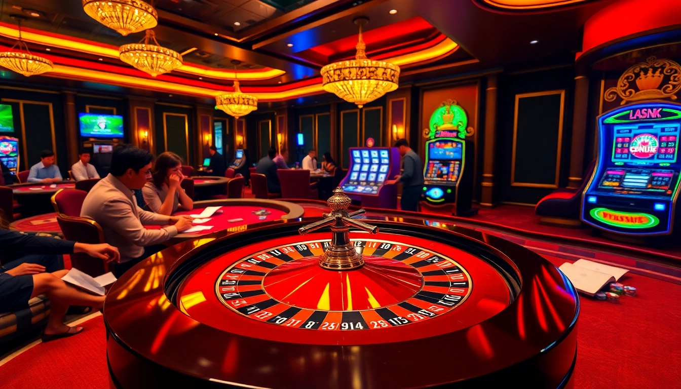 Players engaging in exciting bets at the vibrant casino, showcasing https://vj88vn.com/ and a thrilling gambling atmosphere.