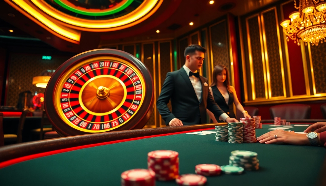 LUCKYWIN players enjoy a thrilling casino atmosphere with vibrant roulette and poker tables.