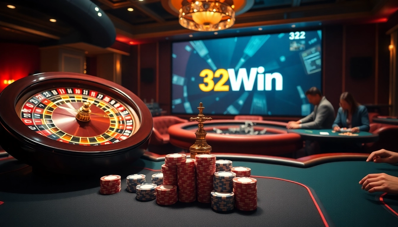 Experience the thrill of 32Win at a luxurious casino with roulette and poker tables.