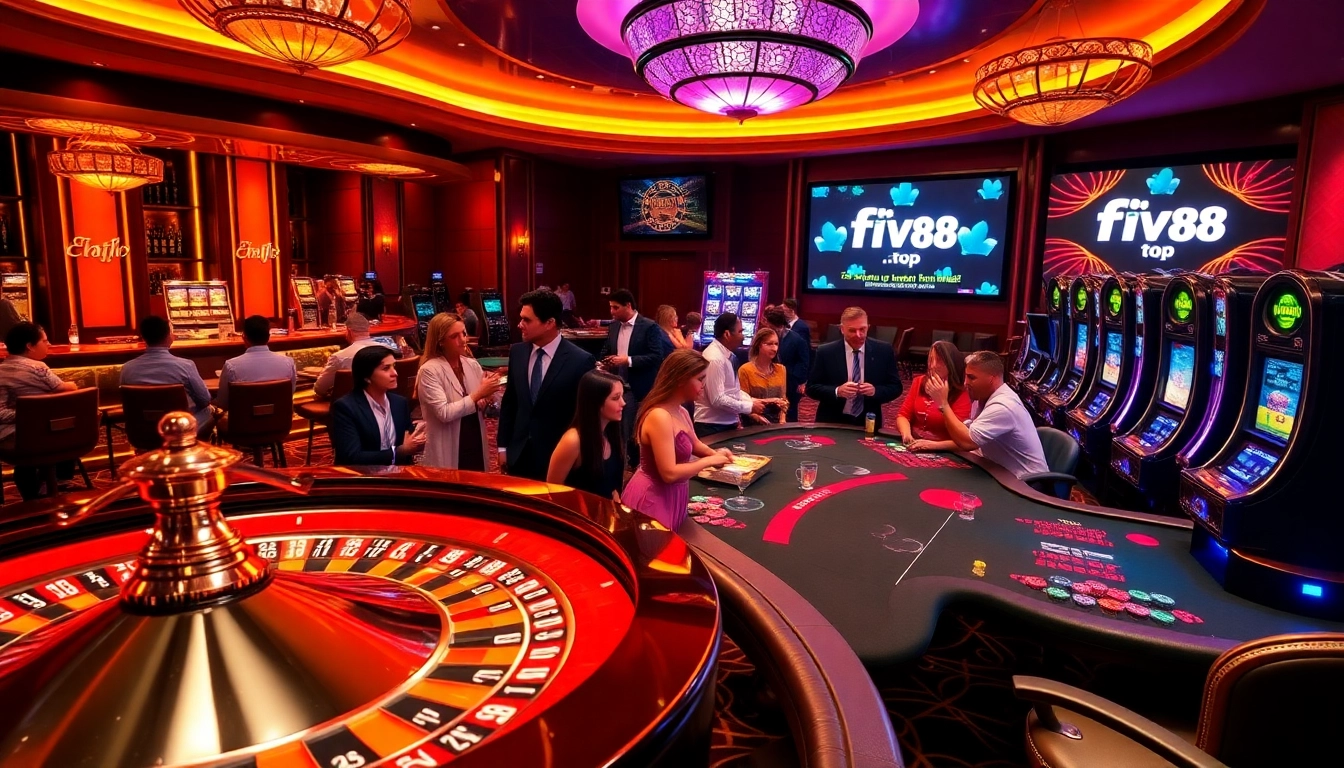 Experience vibrant casino action at five88 .top with roulette and poker tables filled with players.