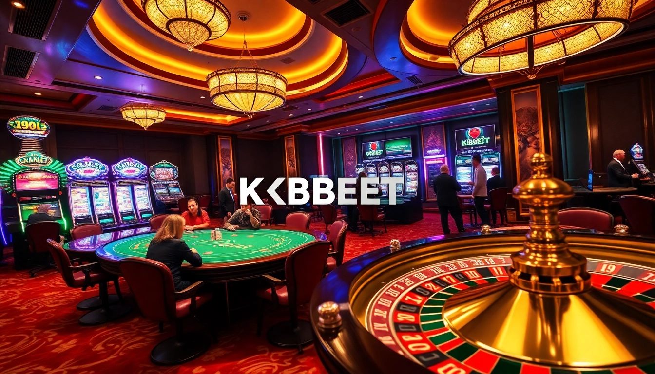 Players engaging with high-stakes games at a luxurious casino featuring KBBET branding, emphasizing excitement and professionalism.
