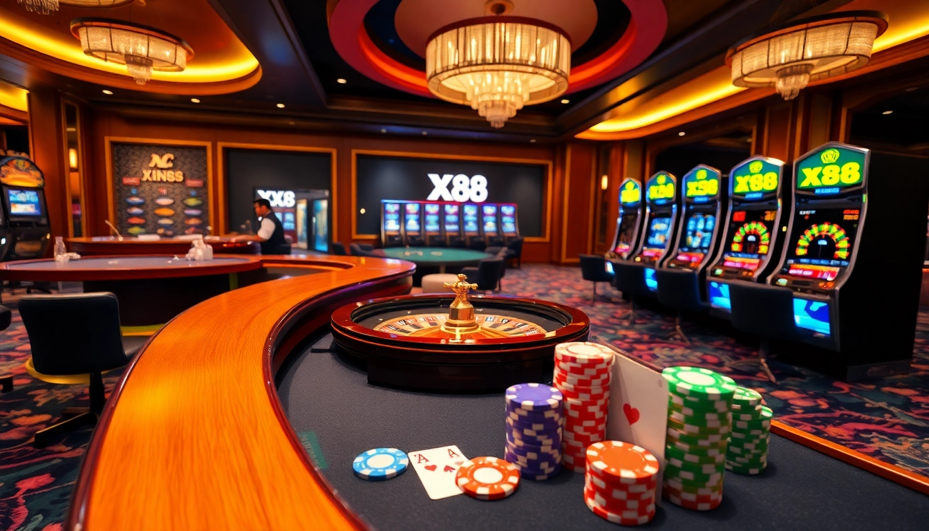 Experience the thrill of gambling at XX88 with vibrant casino tables and luxury gaming elements.