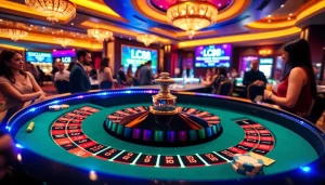 Action-packed casino scene with lc88 promotions, roulette table, and enthusiastic gamblers.