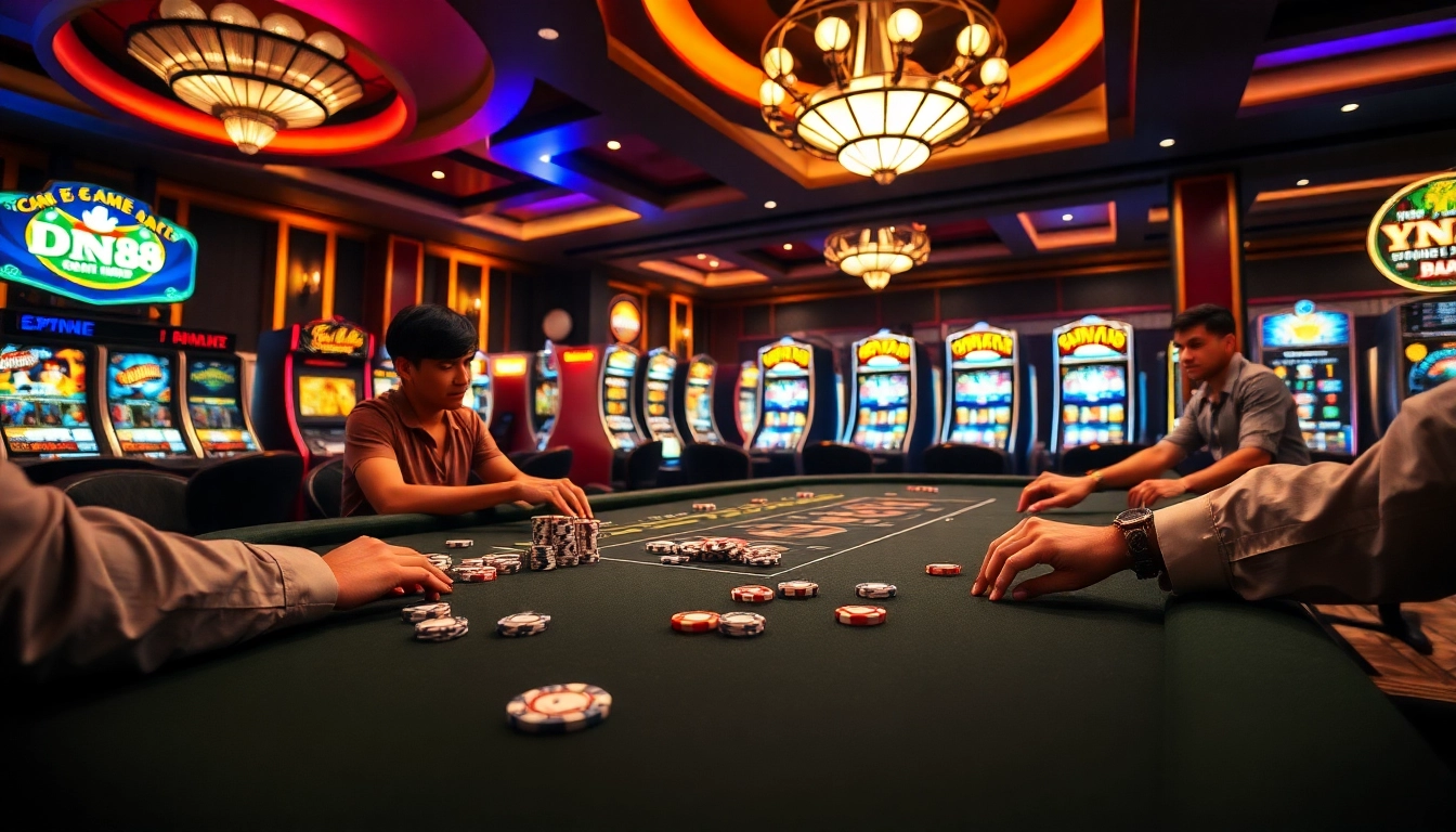 Experience the thrill of Game dn88 at a vibrant casino table with dynamic players and glowing slot machines.
