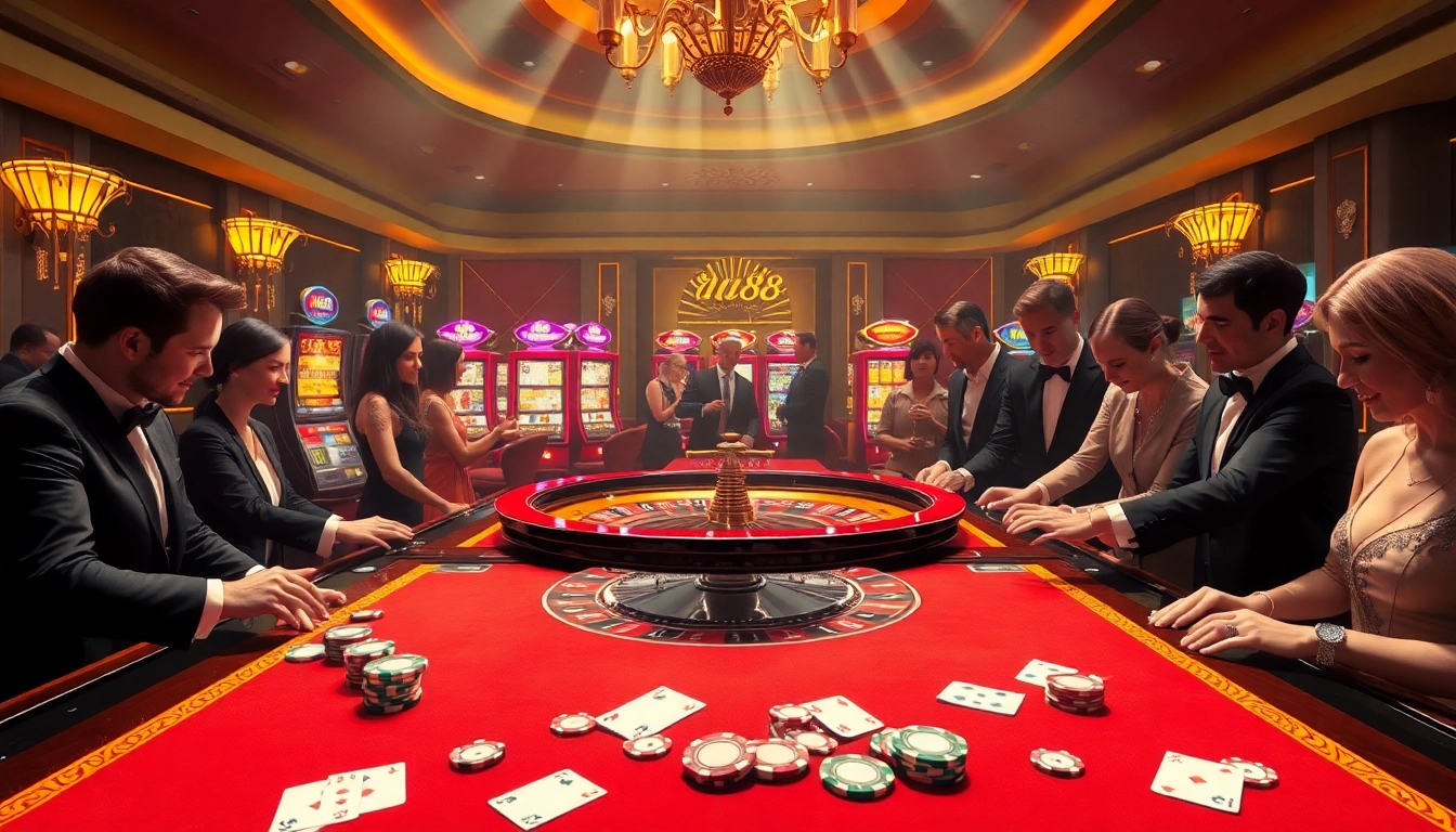 Experience the excitement of uu88 betting at a luxurious casino table filled with players and vibrant games.