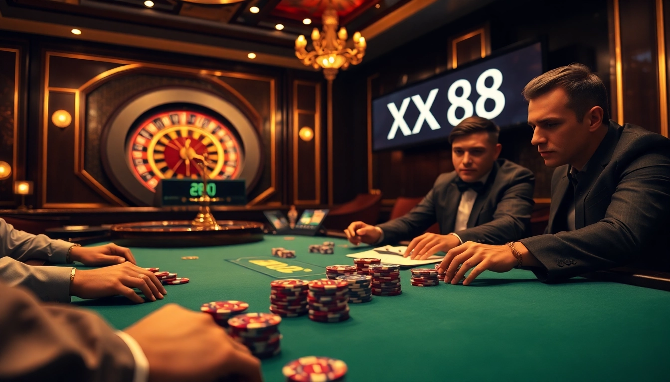 Poker players strategizing at a polished table featuring XX88 betting options in a luxurious casino setting.