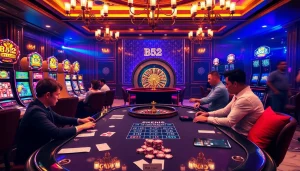 Experience thrilling gameplay at b52club with vibrant casino tables and excited gamblers.