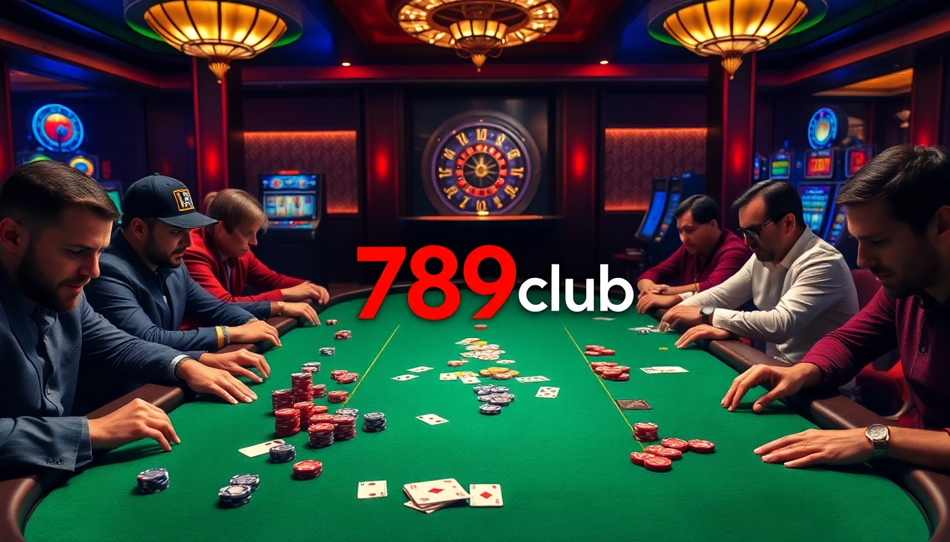 Experience the excitement of 789club with players engaged in poker and vibrant casino settings.