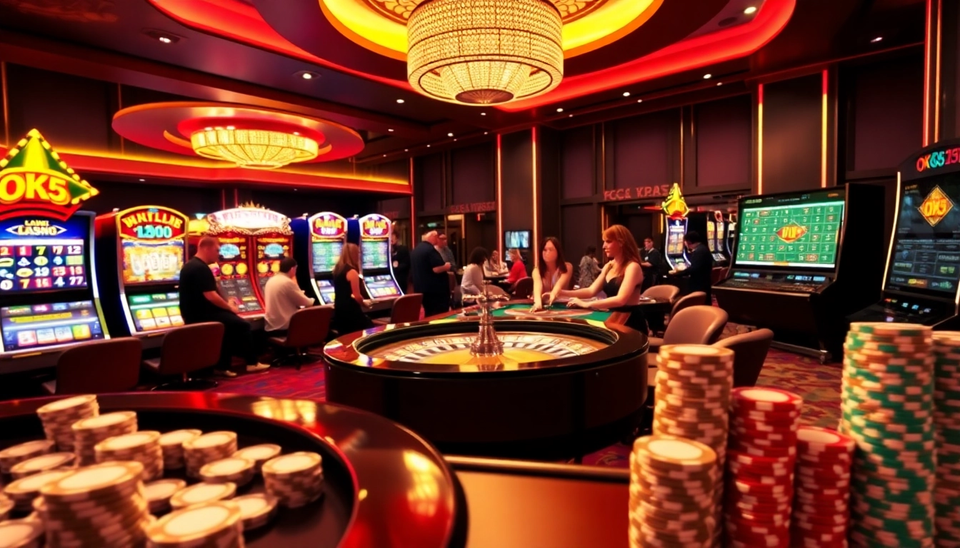 Exciting casino scene featuring OK365 gaming elements with roulette, poker chips, and slot machines.