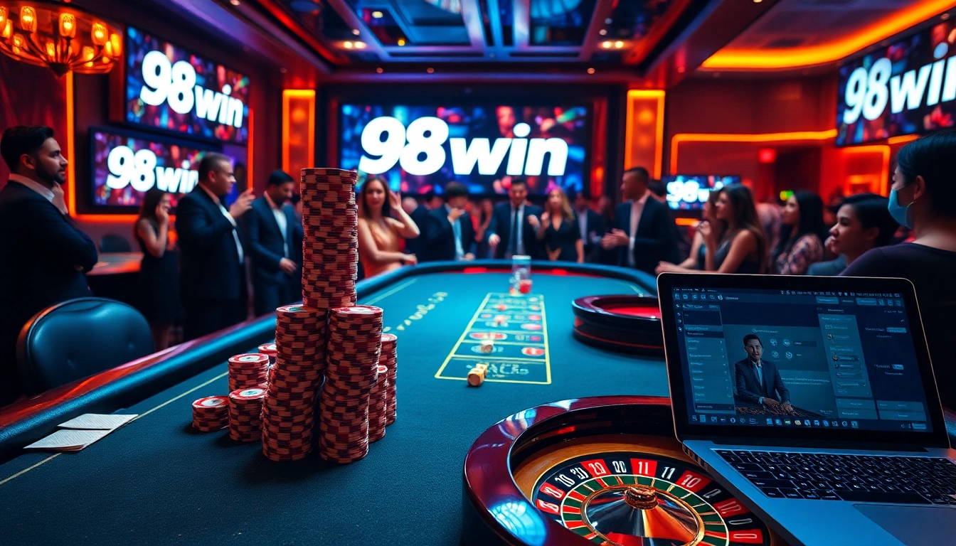 Engaged gamblers placing bets at a professional casino scene showcasing 98win.