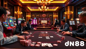 Engaging players at the dn88 trang chủ poker table surrounded by luxury casino elements.