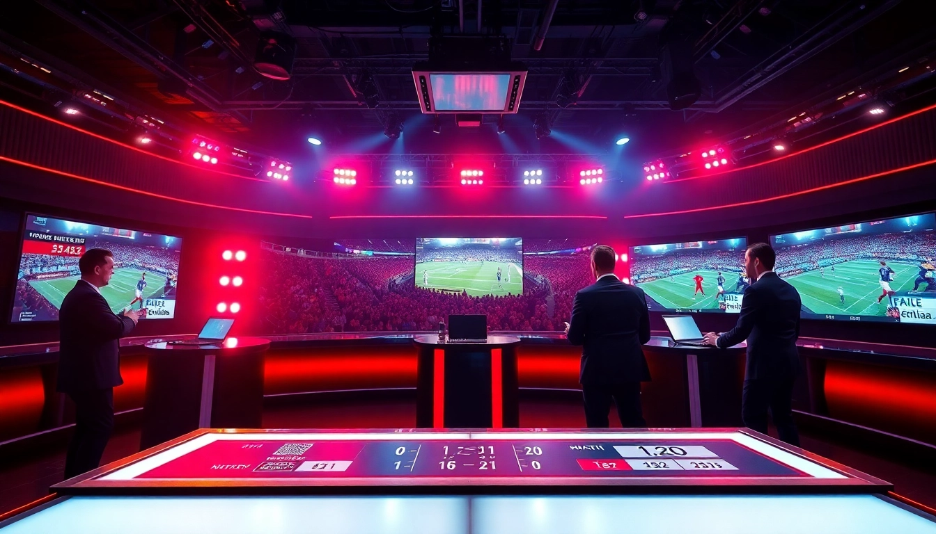 Engaging sports broadcasting studio with presenters sharing live updates and stats.