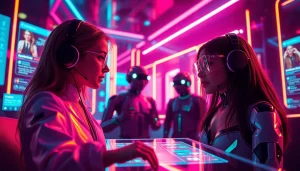 Engaging scene of NSFW AI chatbots in a vibrant, futuristic setting, showcasing interactive roleplay.