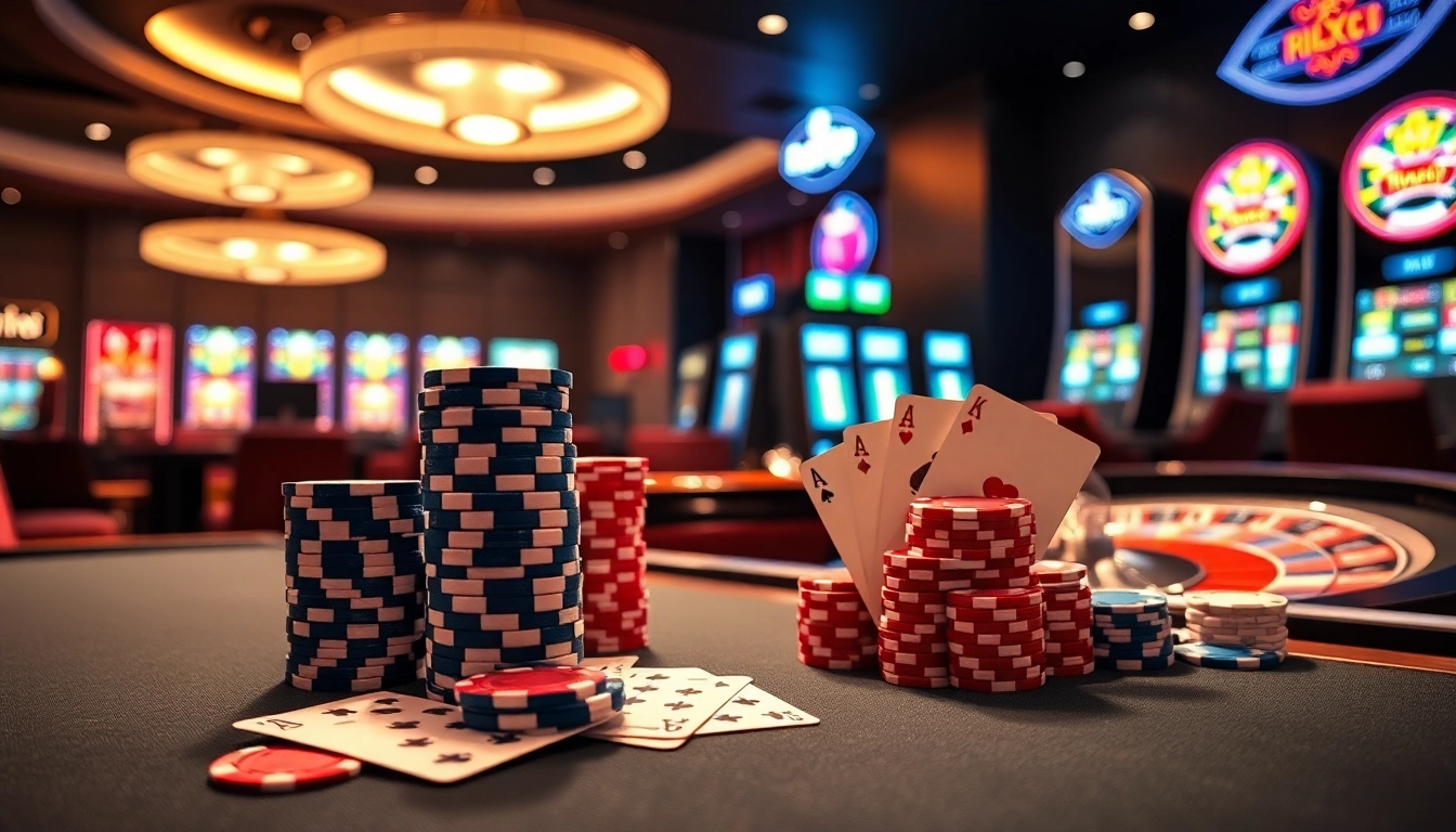 Engaging casino scene featuring rikvip gaming tables and vibrant slot machines in a luxurious atmosphere.