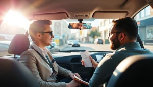 Driving school Leeds instructor engaging with learner driver in a sunny car setting.