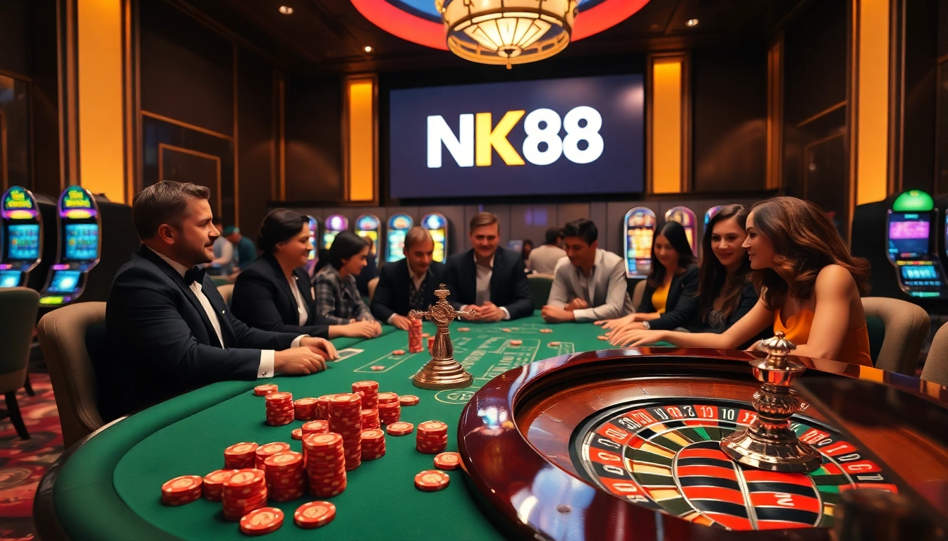 Experience thrilling gaming at NK88 with a vibrant casino scene featuring poker chips and roulette.