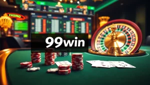 Experience the excitement of online gambling with 99win at a vibrant casino table with roulette and poker elements.