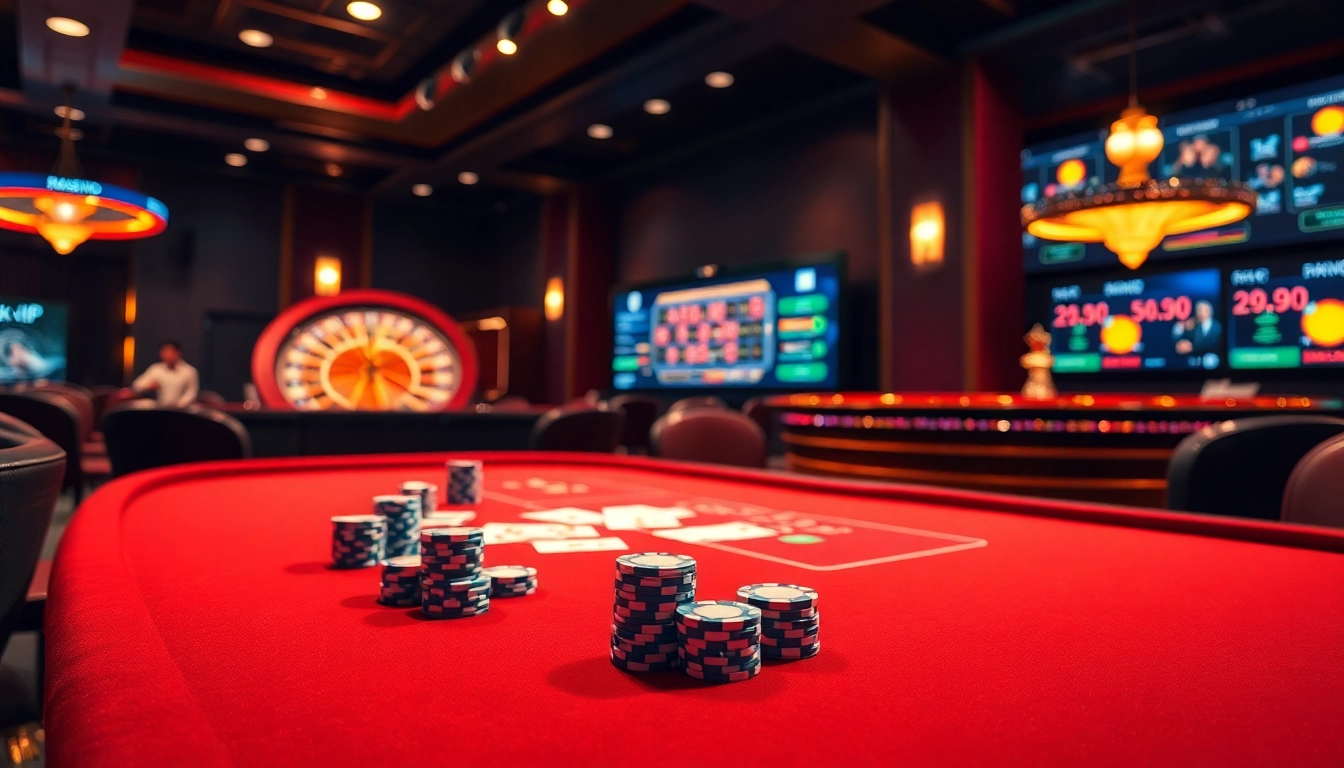 Engaging scene of a rich casino atmosphere featuring rik vip gaming tables with poker chips and cards.