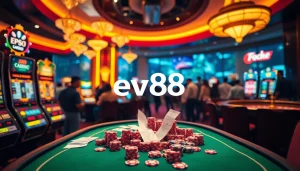 An engaging scene of the EV88 online casino interface with vibrant slot machines and poker tables, highlighting the excitement of gaming and the keyword 'trang chu ev88'.
