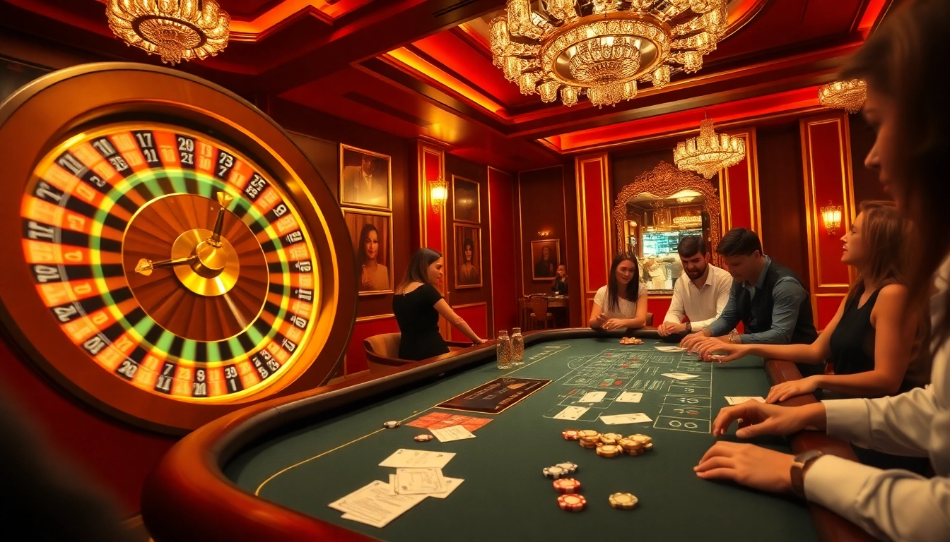 Engaging scene of players enjoying game ok8386 at a vibrant poker table with roulette.