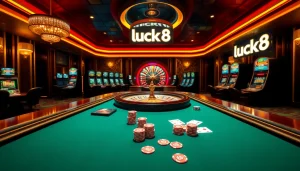 Engaging players in a thrilling luck8 casino experience with a stylish poker scene.